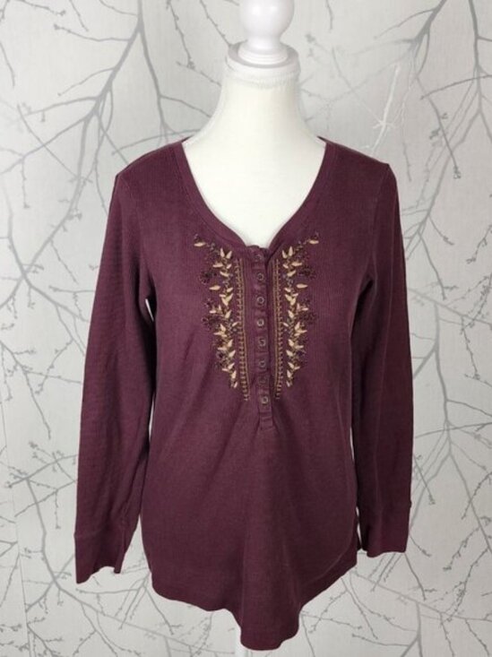 Eddie Bauer Burgundy Embroidered Waffle Knit Thermal Henley - Picture 1 of 5
